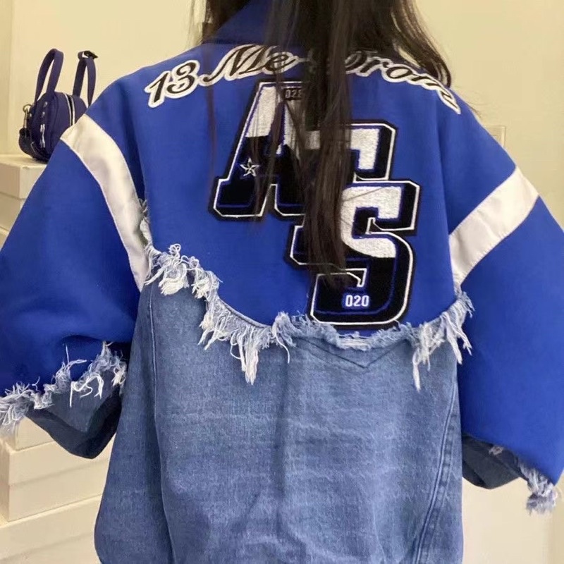 Áo khoác Varisity,Áo khoác bóng chày dạ phối jeans hoạ tiết thêu phong cách retro thời trang nam nữ