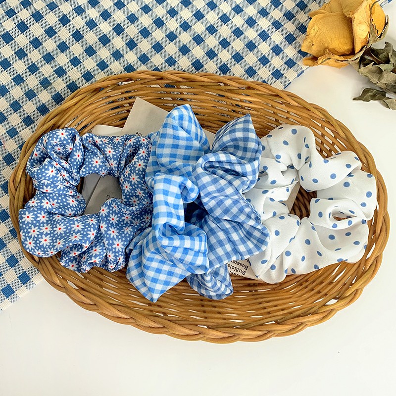 Scrunchies Cột Tóc, Băng Đô và Kẹp Vải Tone Xanh Dương Nhiều Họa Tiết Blue Pattern