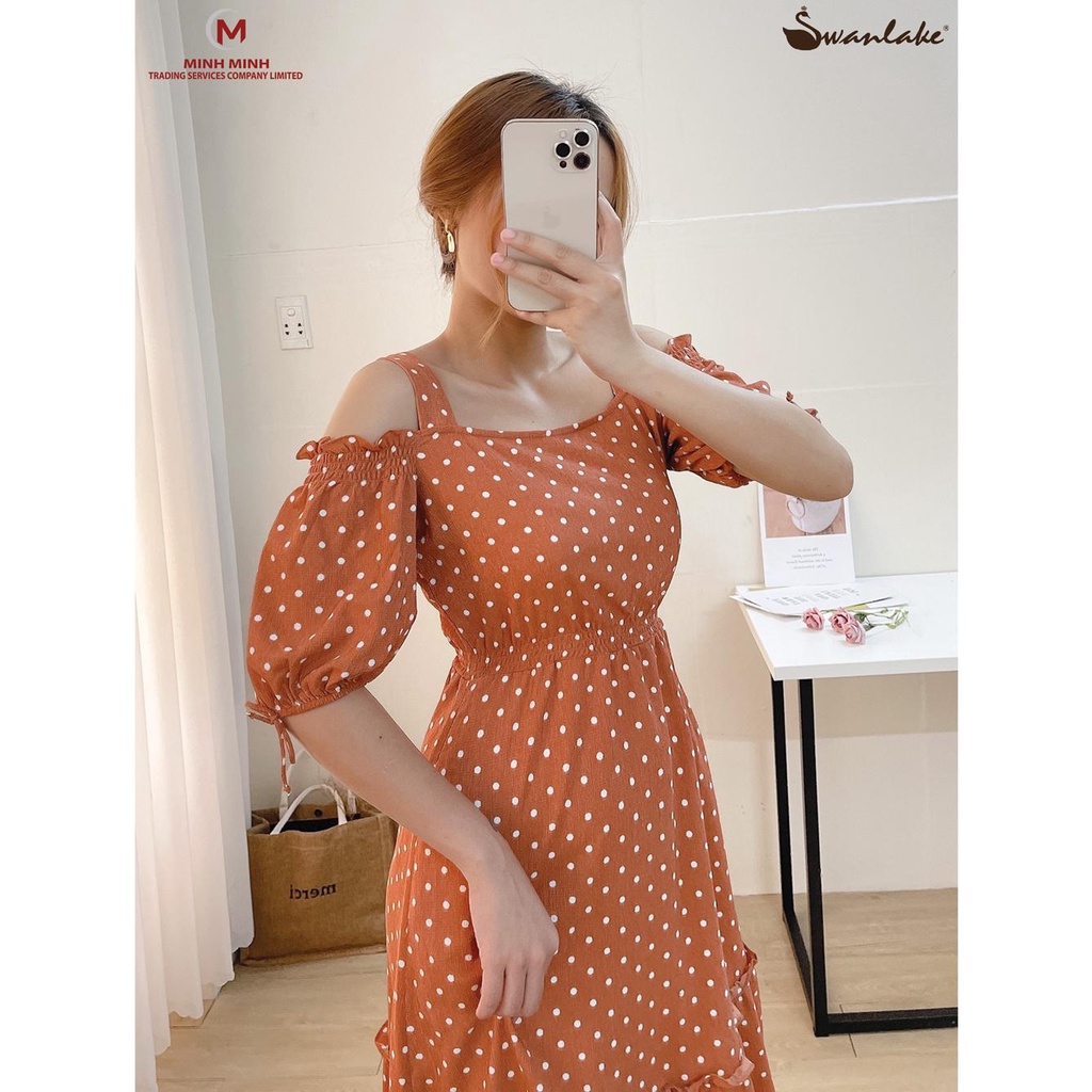 SWANLAKE | Đầm Maxi Xếp Tầng Trễ Vai Chấm Bi Tôn Dáng Thường Ngày, Đi Chơi - MÃ: D09592LW03