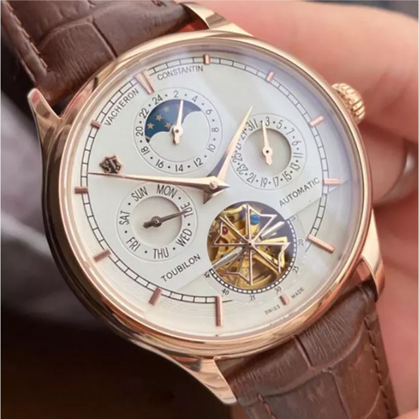 Đồng hồ Nam vacheron constantin máy nhật, mẫu 5kim lộ cơ cánh khế, mặt trắng viền vàng , dòng cơ Automatic size 40mm