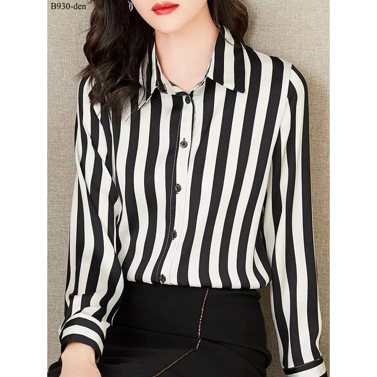Áo sơ mi nữ tay dài vải lụa mango mềm mượt sọc đen trắng sang trọng LAMO-B930