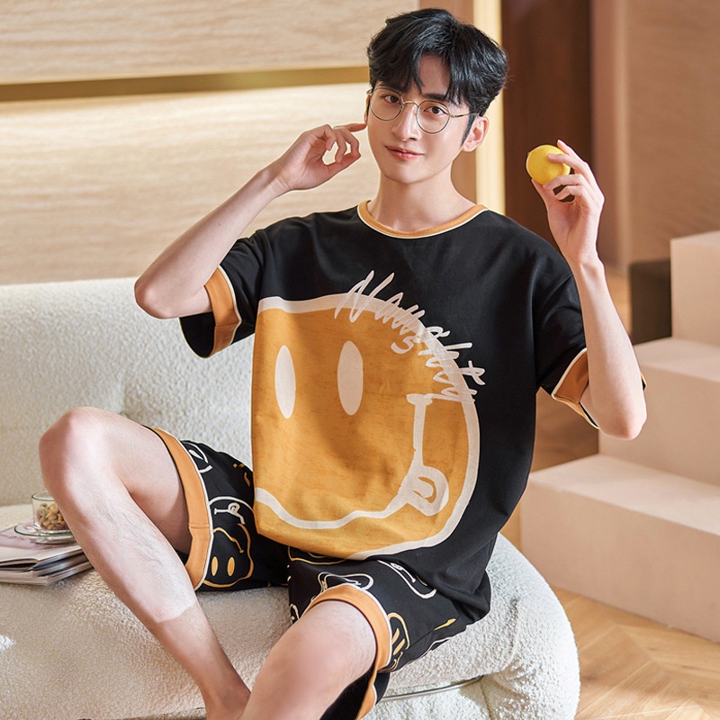 Bộ Đồ Ngủ Tay Ngắn Chất Liệu Cotton Mỏng In Họa Tiết Hoạt Hình Thời Trang Xuân Hè Cho Nam