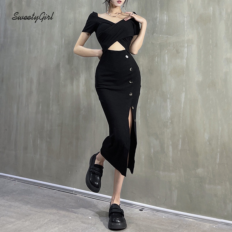 Đầm Midi Tay Ngắn Cổ Chữ V Màu Trơn Phối Nút Thời Trang Cho Nữ