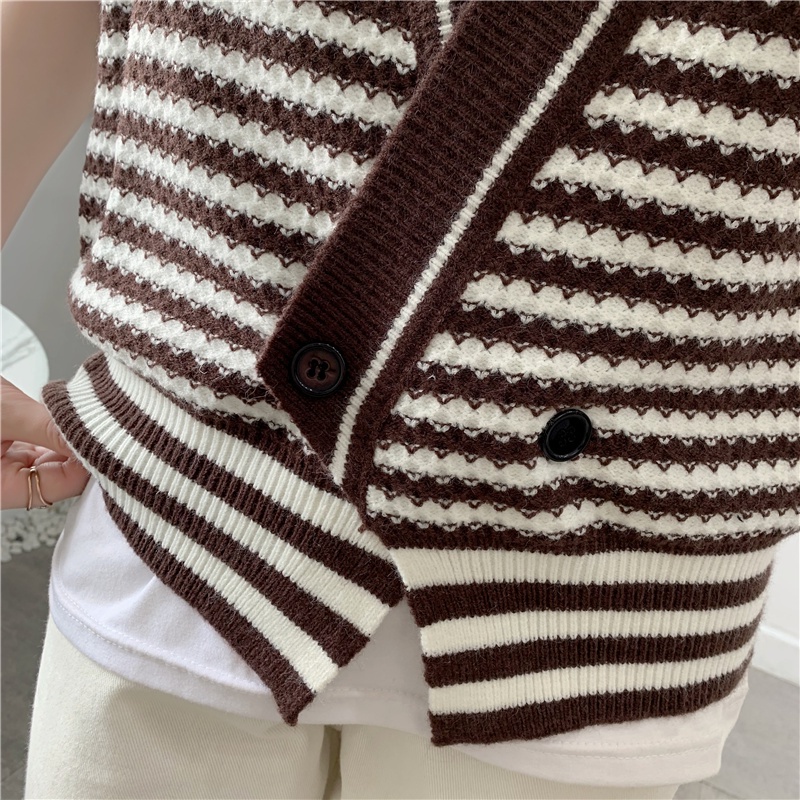 Áo sweater dệt kim SUXI không tay dáng rộng kẻ sọc phong cách retro Hàn Quốc dành cho nữ