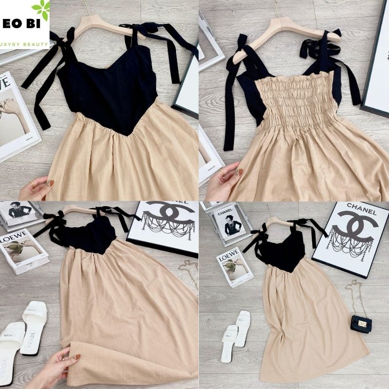 Đầm Maxi 2 Dây Ngực Trái Tim Lưng Chun - Váy Nữ Dáng Dài Vải Đũi Phối Màu đi biển đi chơi bồng bềnh - EOBISHOP
