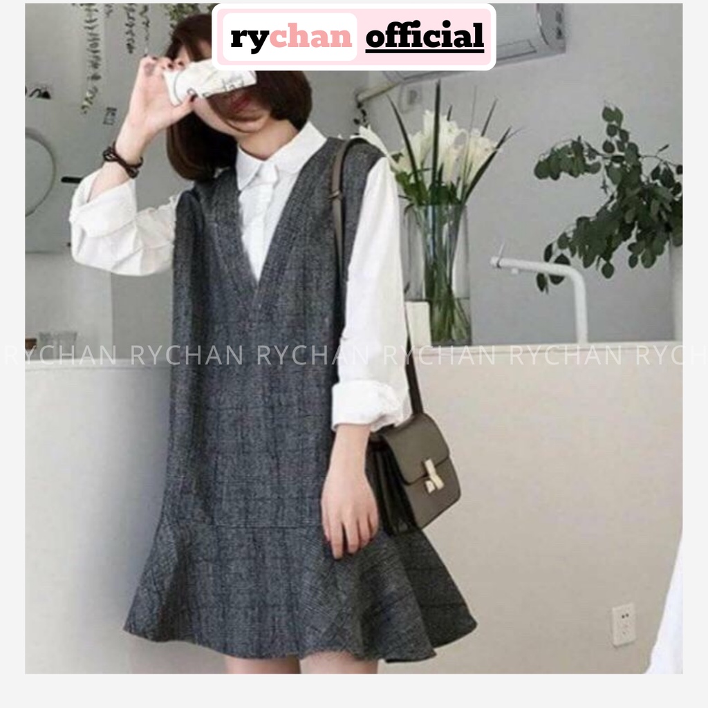 [ẢNH THẬT CUỐI] DS544 - Đầm Suông Đuôi Cá Kẻ Xám Phối Tay Trắng Nhiều Màu