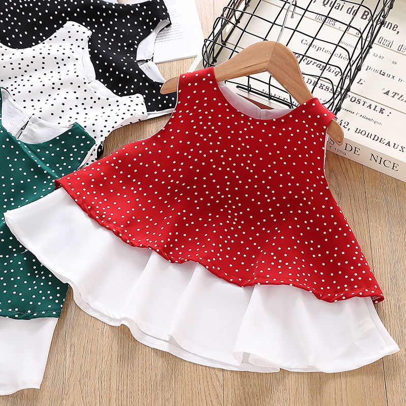 Đầm Chiffon Sát Nách Hoạ Tiết Chấm Bi Dễ Thương Cho Bé Gái