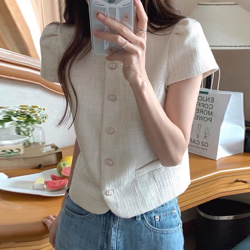 Áo dạ sweet cổ tròn tay bồng tiểu thư