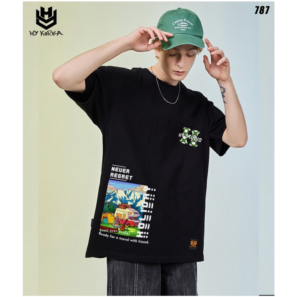 Áo phông nam nữ tay lỡ HY KOREA form rộng Hình phong cảnh Never Regret 787