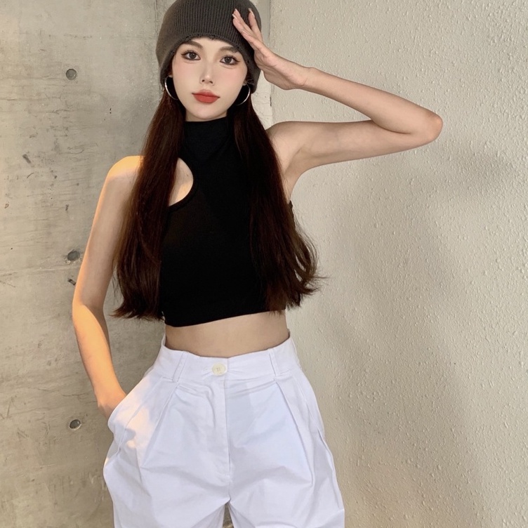 Áo croptop sát nách nữ khoét ngực đen trắng cổ cao hở vai ba lỗ cut out  3cm freesize phom ôm body sexy hàn quốc C751