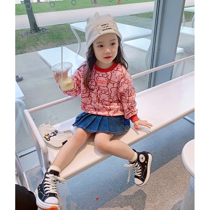 Áo thun  tay dài cổ tròn in họa tiết gấu thời trang xuân thu cho bé gái 1-8 tuổi