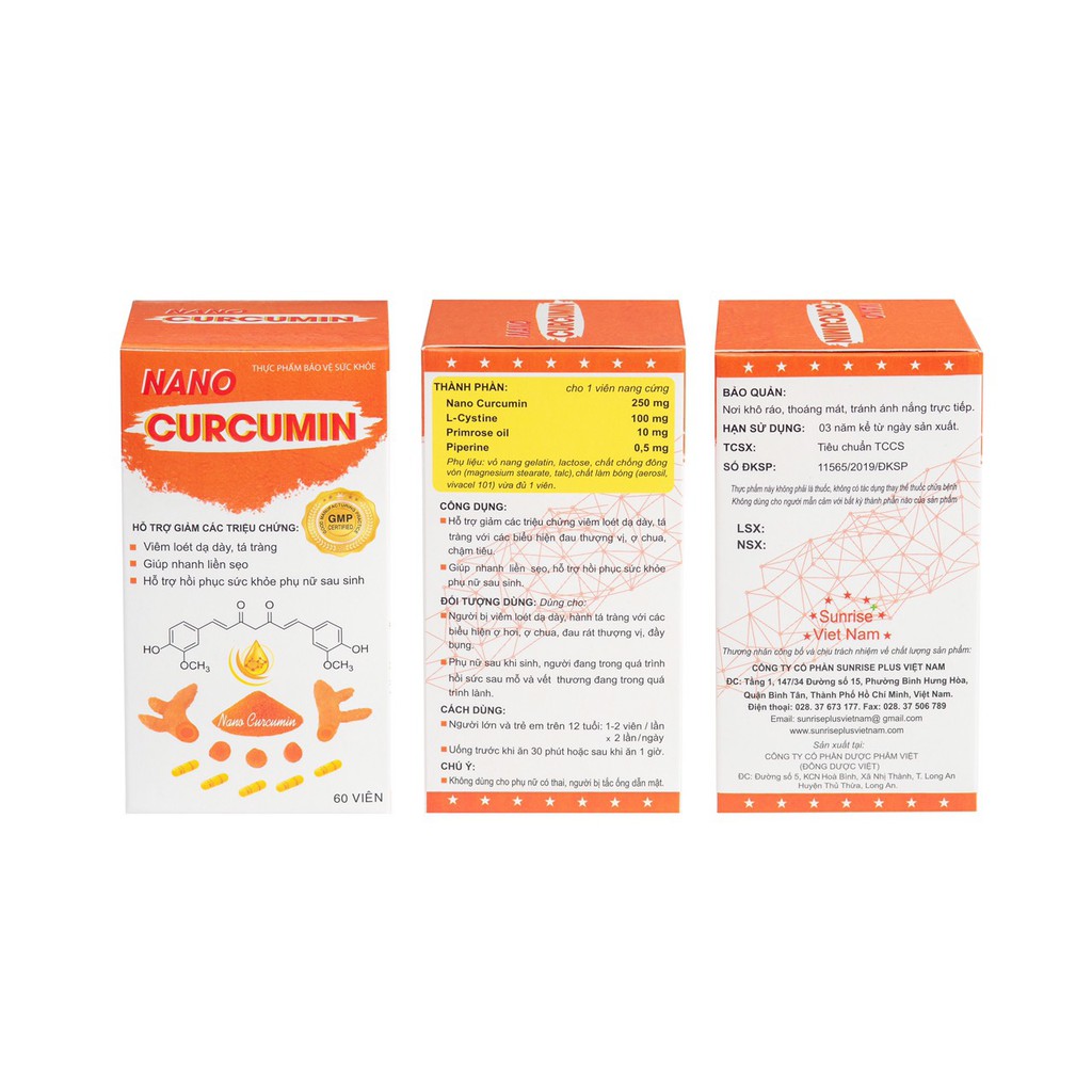 NANO CURCUMIN Chiết Xuất Từ Nghệ - Hỗ Trợ Triệu Chứng Viêm Loét Dạ Dày, Tá Tràng Hộp 60 Viên