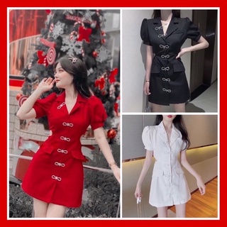 Đầm cổ vest cài nút trang trí nơ đính đá phong cách hiện đại