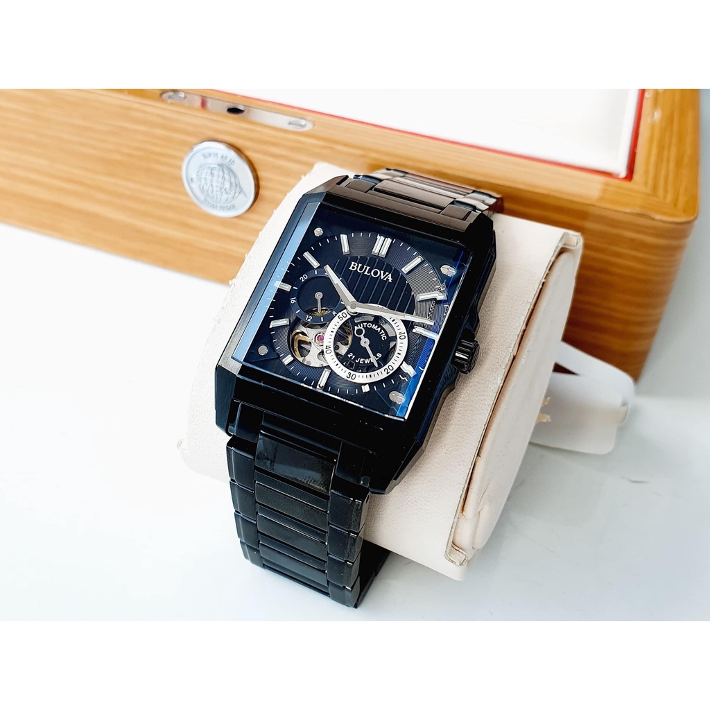 Đồng hồ nam dây thép Bulova Open Heart Automatic Black Dial 98A180