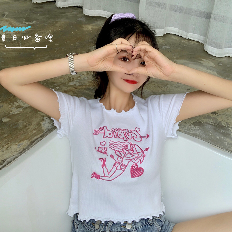 Áo Croptop Tay Ngắn Hoạ Tiết Thêu Phong Cách Hàn Quốc