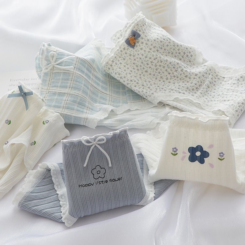 Quần Lót Nữ Cotton Gân Tăm Viền Ren Hoạ Tiết Hoa Xanh 2829