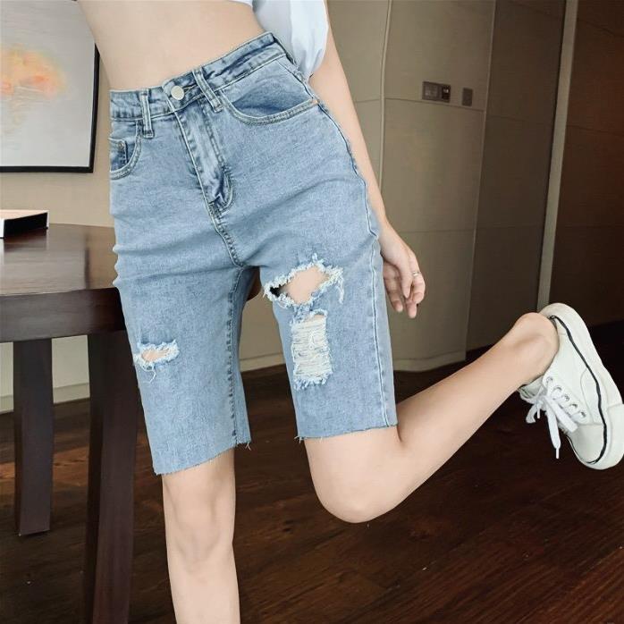 Quần jean nữ ngố / lửng BIG SIZE lưng cao, co dãn mạnh rách kiểu đẹp dành cho người béo 60-90kg Moliruan 3549 !