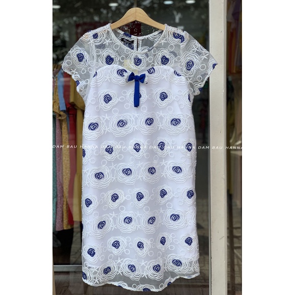 [HANNA] Đầm bầu ren đi tiệc giá rẻ có size 80kg dài qua gối sang lịch sự vải mát 2 lớp có túi bên sườn có dây nơ cột sau