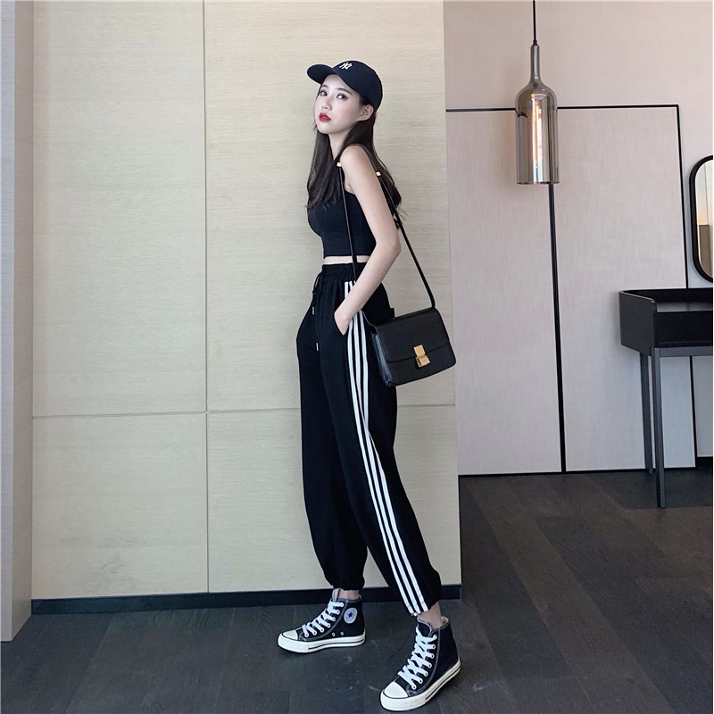 SUXI Quần dài form rộng lưng cao họa tiết kẻ sọc phong cách Hàn Quốc