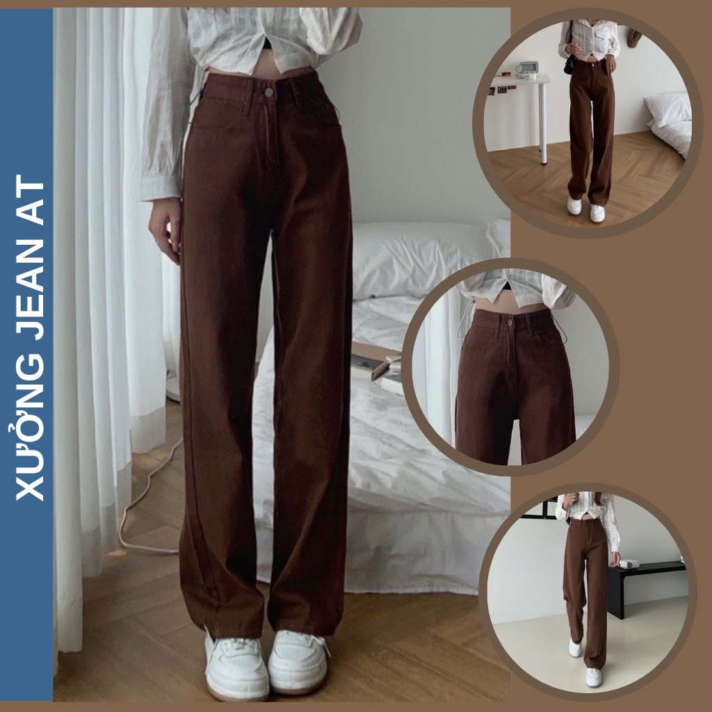 Quần Kaki Nữ Ống Rộng Lưng Cao Dáng Suông, Quần Kaki Jean Trơn Màu Nâu Đậm Sang Chảnh Size SML - 522.9