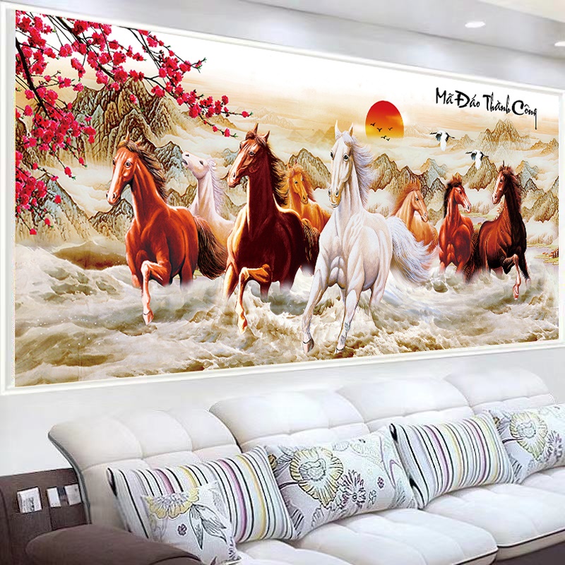 Tranh thêu chữ thập ( giá sỉ) thêu kín bát mã mã đáo thành công MN0102 (200x90cm) MN0101 (150*70cm), MN0016 (150x60cm)