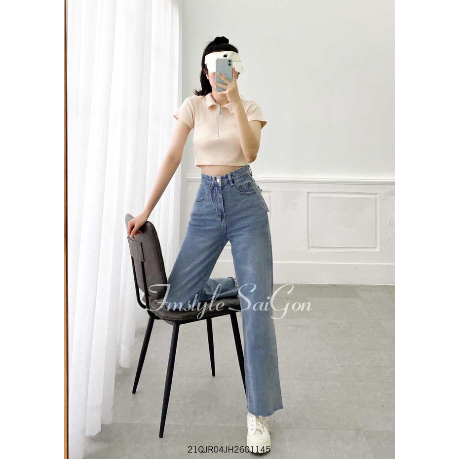 Quần jean nữ ống rộng trơn VM STYLE cạp cao suông lai thường (không co giãn) ulzzang Hàn Quốc 22QJR03AS0405 | BigBuy360 - bigbuy360.vn