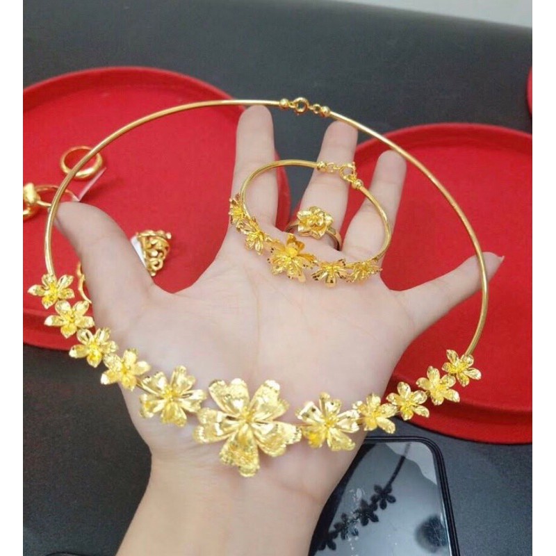 Set bộ trang sức cưới màu vàng 24 cao cấp gồm 1 kiềng cổ 1 vòng tay 1 nhẫn hoa