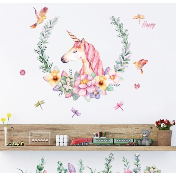 Giấy decal dán tường ngựa Pony unicorn trong vườn hoa