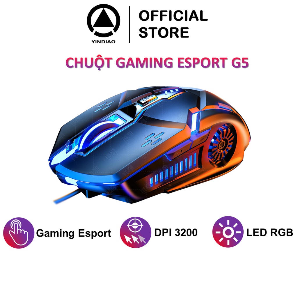 Chuột máy tính gaming YINDIAO G5 phiên bản có dây 3200DPI với 6 nút bấm và 7 chế độ LED chơi game FPS Moba - Chính hãng