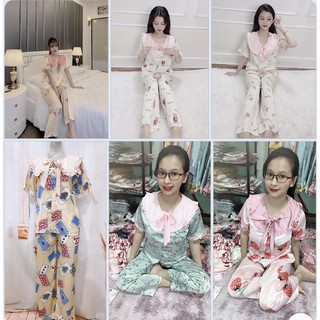 Pijama tiểu thư tay ngắn cổ bèo cột nơ xinh lung linh