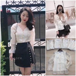 Áo sơ mi tơ xước cổ V cúc dài tay