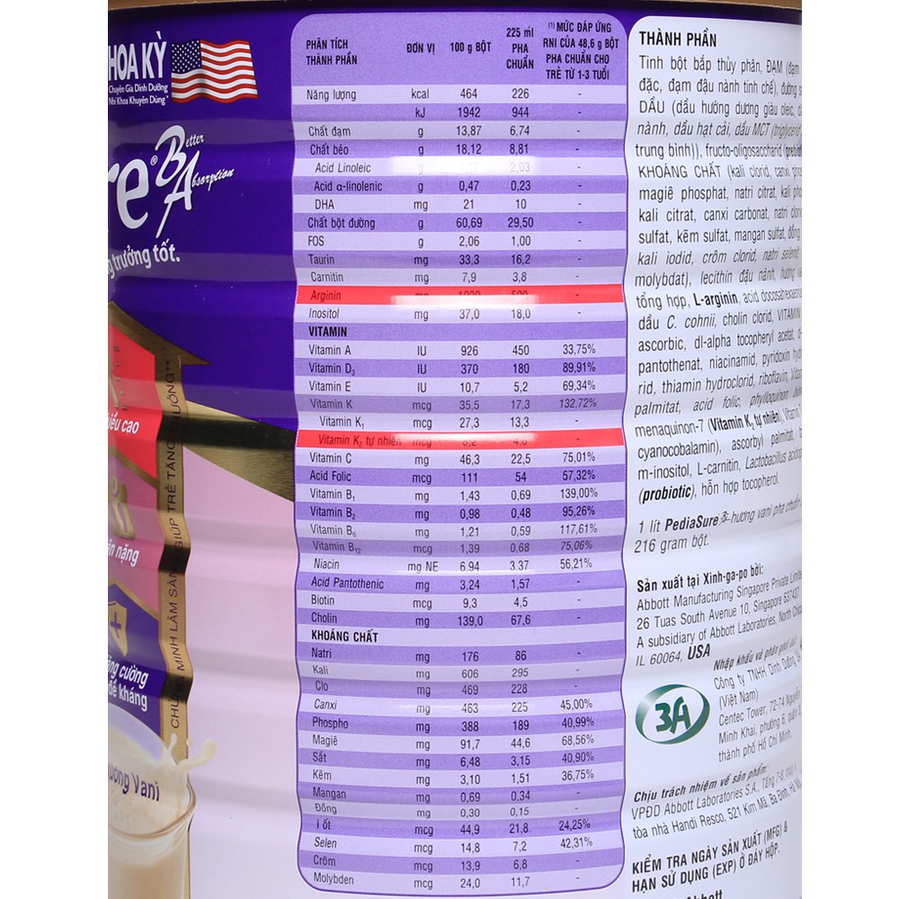 Combo 2 Lon Sữa bột Pediasure 1.6kg (Giá tốt, chính hãng 100%)