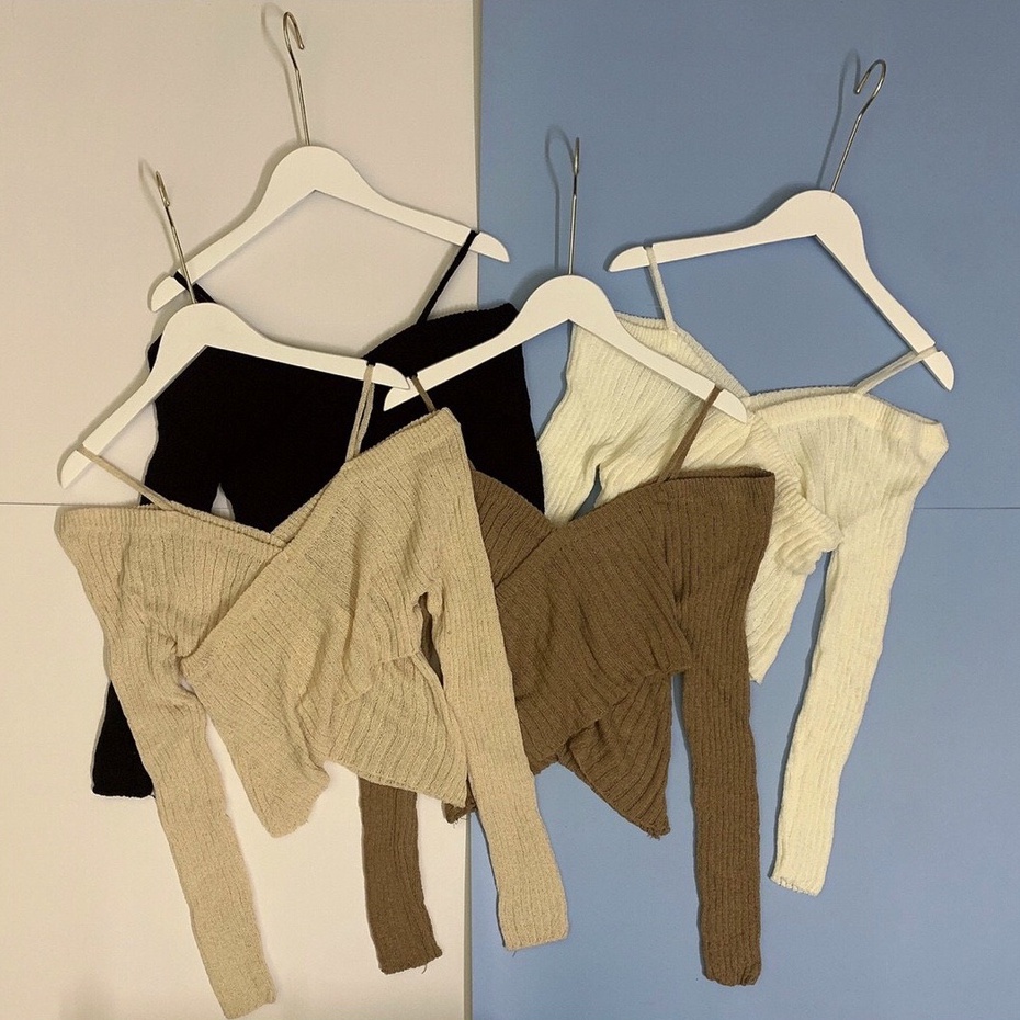 Áo len trễ vai 2 dây chéo vạt chất liệu nhung tăm co giãn tốt kiểu dáng Hàn Quốc 23Closet-ALTT05