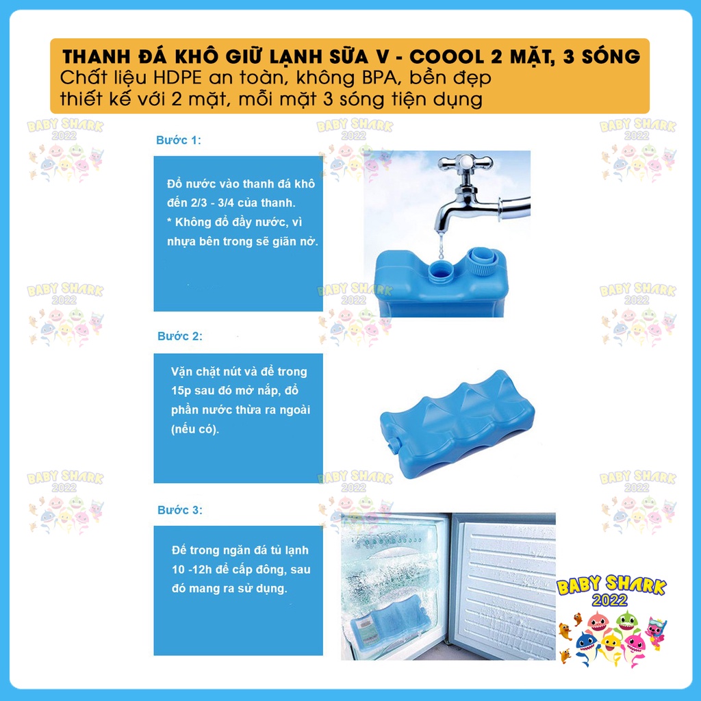 Thanh đá khô giữ lạnh sữa V-coool [2 mặt, 3 sóng, giữ sữa lên đến 16 giờ] (1 thanh)
