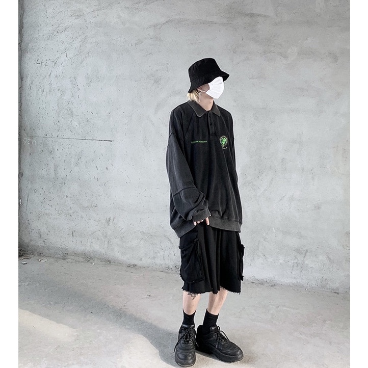 Áo nỉ polo sweater Rockboiz màu đen wash