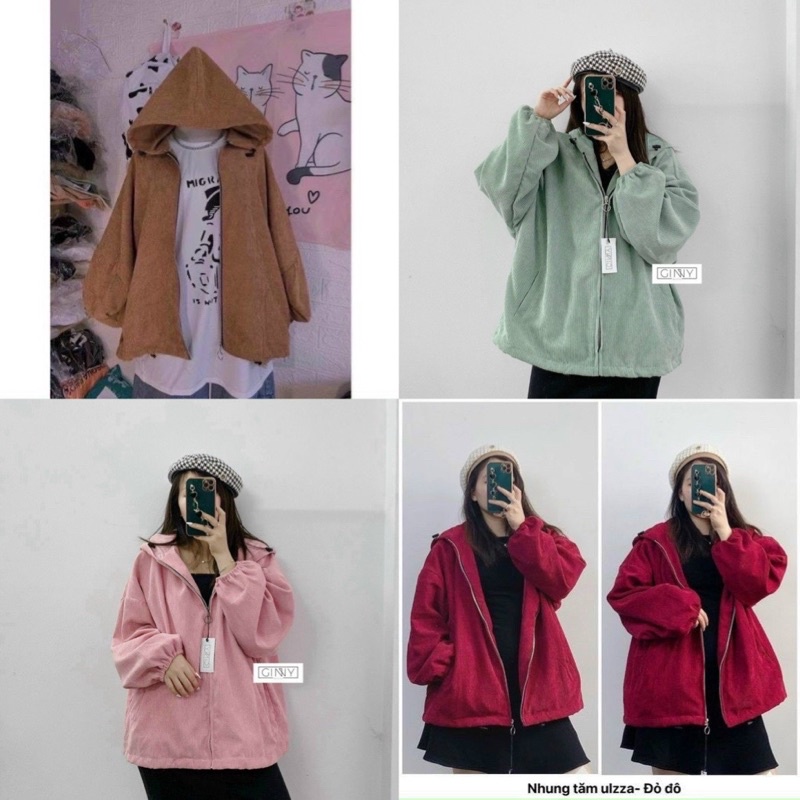 Áo khoác nhung tăm có nón dây rút tay bo