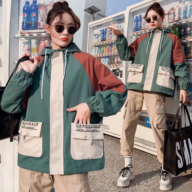 Áo khoác kaki pha màu túi chữ Ulzzang [SALE SHOCK]  Hàng Quảng Châu
