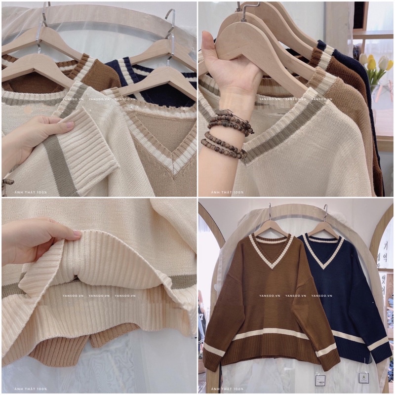 Áo len nữ cổ v from rộng Áo len cổ tim viền tay dài basic Hàn Quốc YANSOO