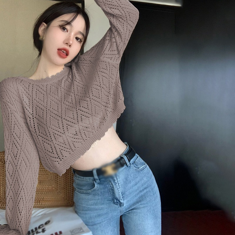 Áo Crop Top Dệt Kim Tay Dài Cổ Tròn Màu Sắc Đơn Giản Phong Cách Hàn Quốc Cho Nữ