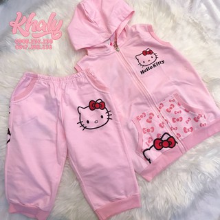 Set đồ bộ trẻ em hình mèo Hello Kitty nhiều nơ màu hồng phấn cho bé gái 5.6 tuổi - DBKT910T