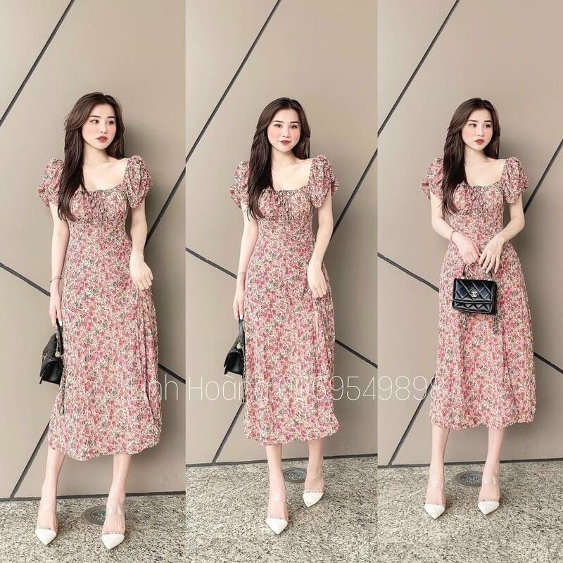 Váy hoa nữ cúp ngực cổ vuông - Hàng đẹp