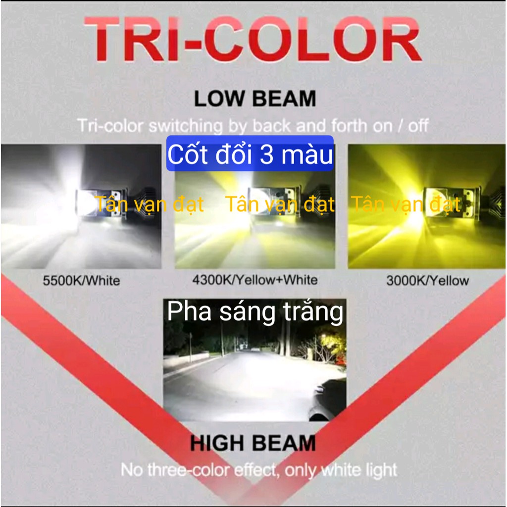 đèn pha Led Bi cầu Mini chân H4 Cốt đổi 3 màu năm 2020