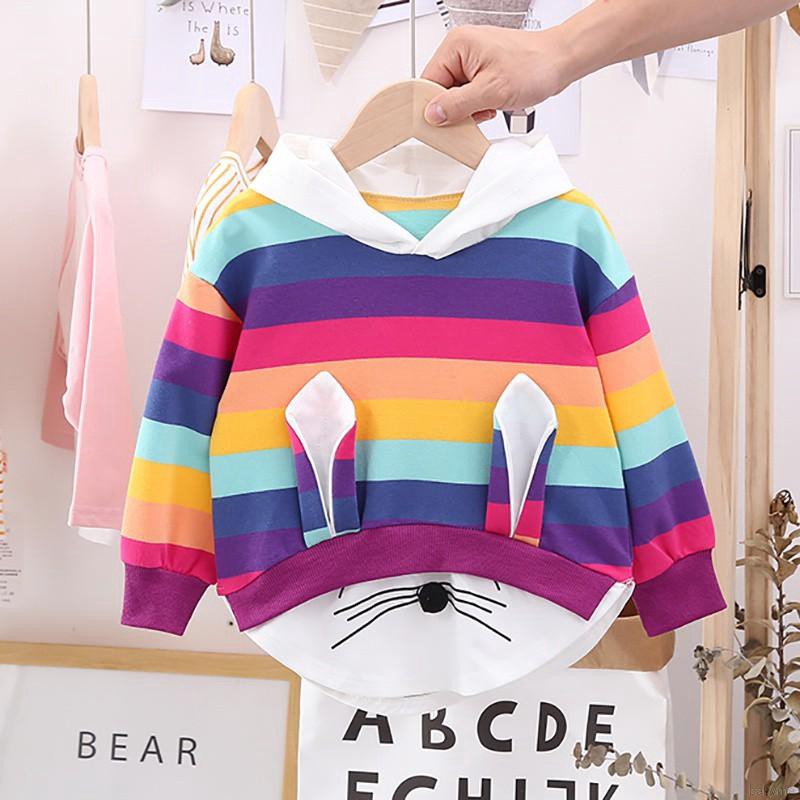 Áo hoodie sọc ngang in hình vẽ tay dài đáng yêu cho bé gái