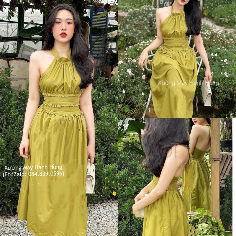 Váy maxi yếm màu xanh cốm, Đầm maxi dáng dài đi biển, đi du lịch