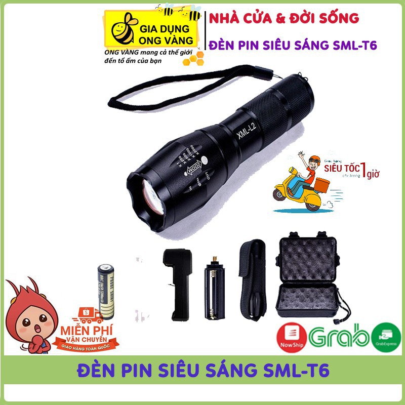 Đèn Pin Siêu Sáng SML - T6 Cao Cấp, Hợp Kim Thép Chống Nước, Pin Có Thể Sạc, Hàng Loại 1 Full Hộp Kèm Sạc TMShop