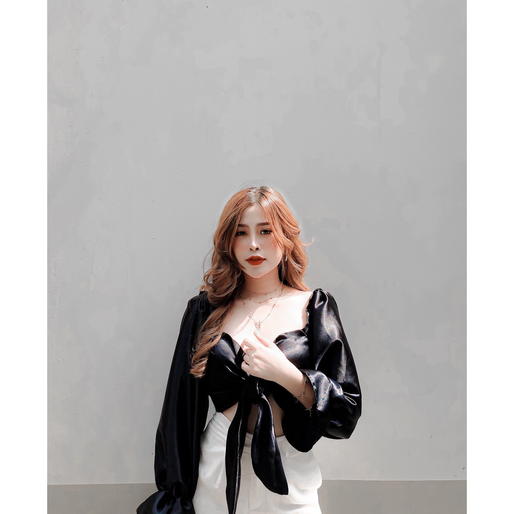 Áo Croptop Tay Bồng Cột Nơ Ngực Bigsize Có Mút Lót Trong May Hai Lớp Chất Lụa Satin Dưới 70Kg "ROSE"