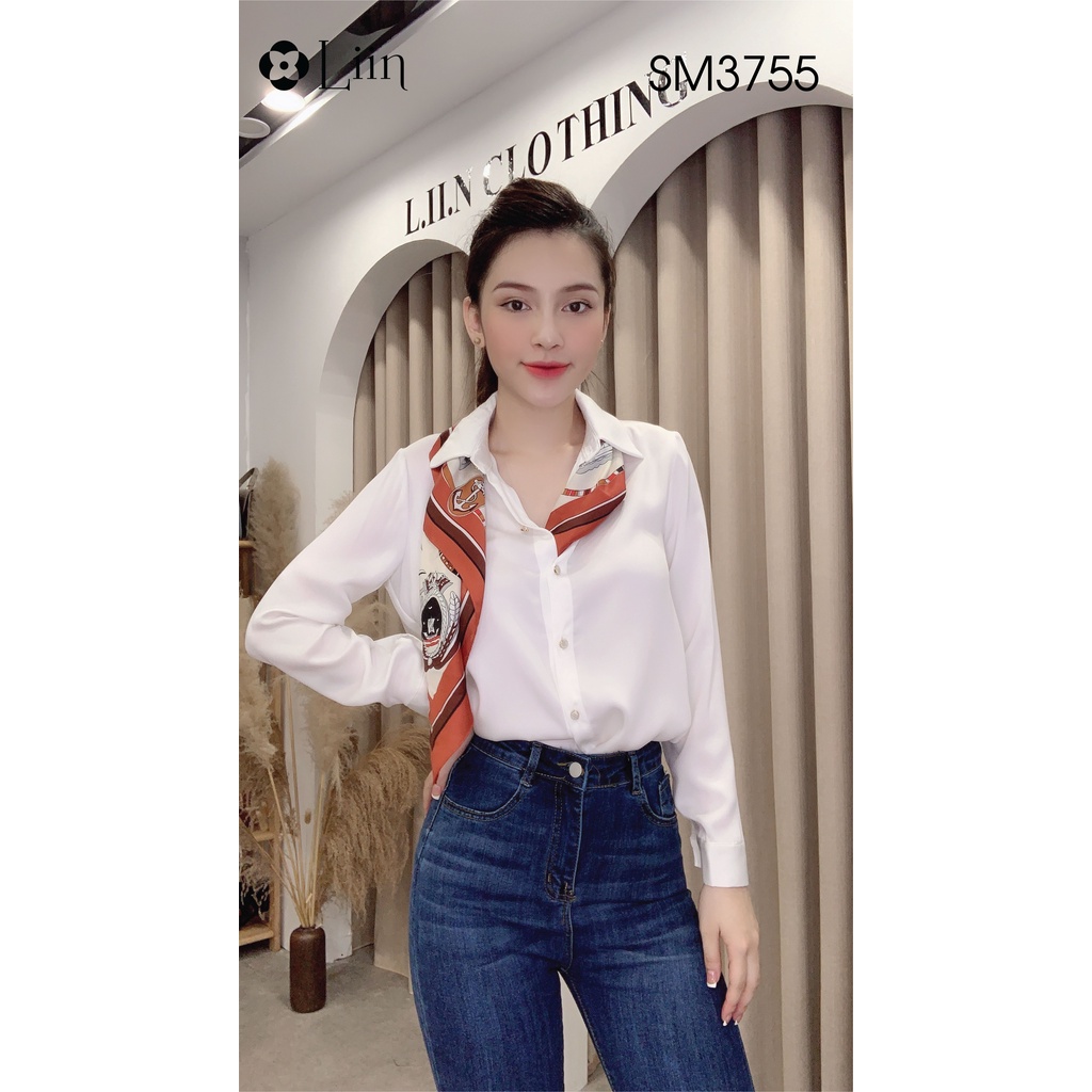 Áo sơ mi chất Lụa đẹp màu Trắng Kèm Khăn phong cách trẻ trung, năng động Liin Clothing SM3755