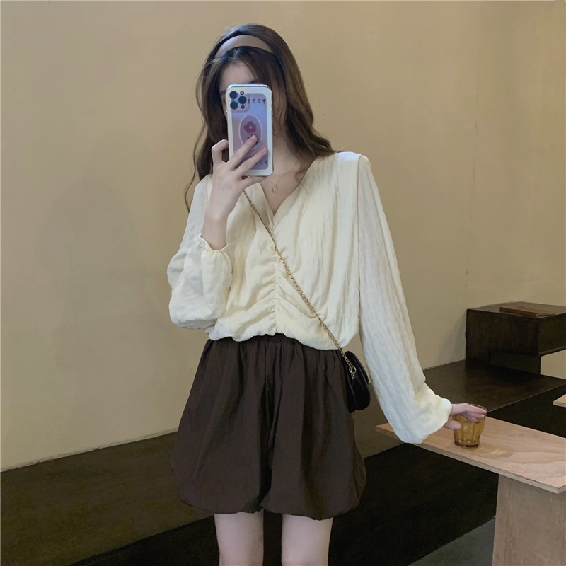 Set Áo Sơ Mi Tay Dài/Quần Short Lưng Cao Co Giãn Tốt Cổ Chữ V Xếp Ly 49437