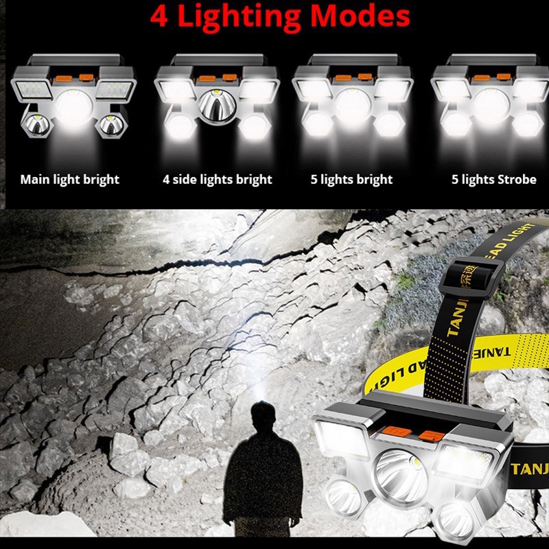 Đèn Pha 5Led Siêu Sáng Chống Thấm Nước Có Thể Sạc Lại Bằng Cổng USB Dùng Cho Hoạt Động Ngoài Trời