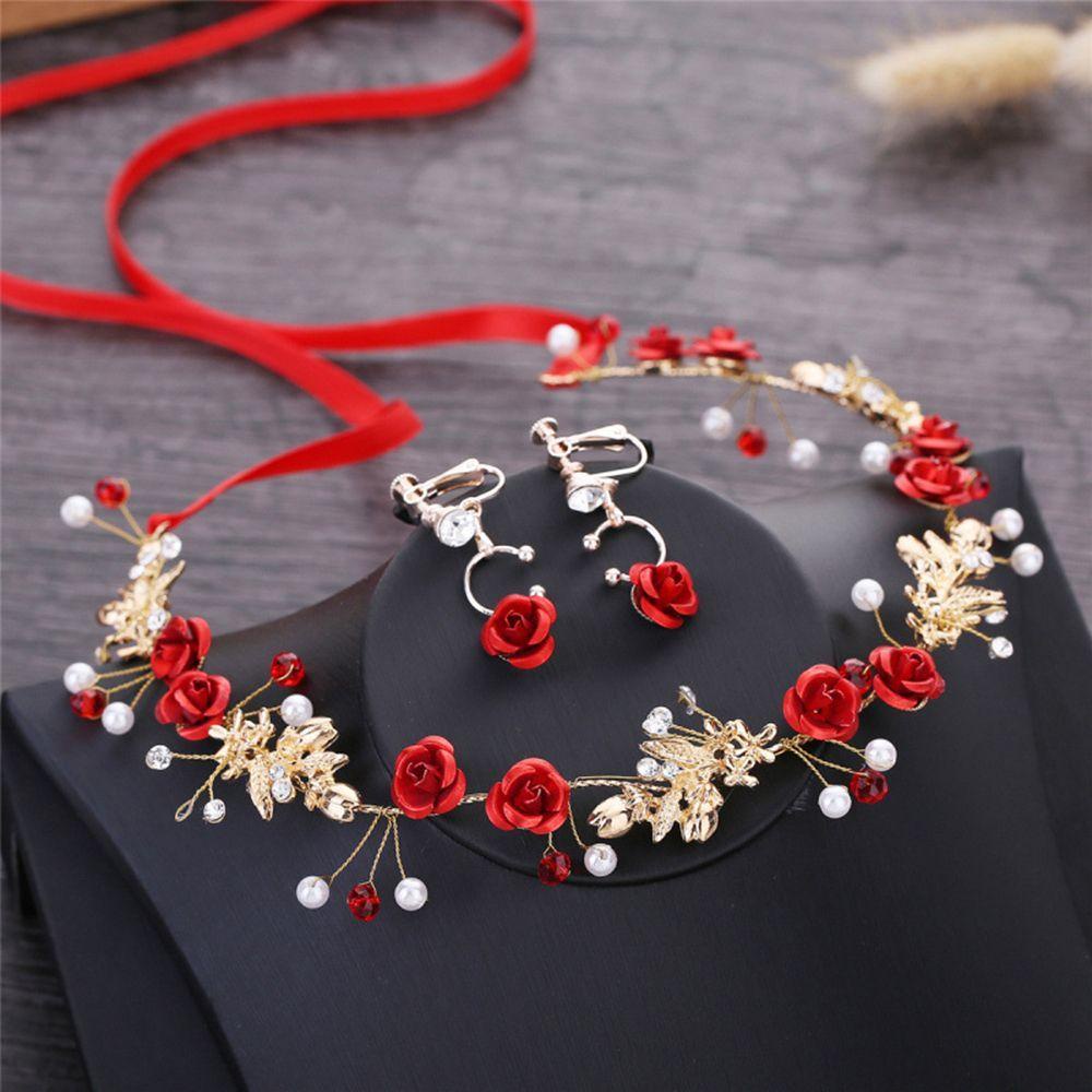 Bộ Khuyên Tai + Băng Đô Hình Hoa Hồng Thanh Lịch Thời Trang Cho Cô Dâu